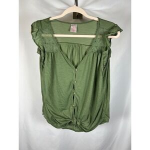 No Boundaries Olive Green Lace Shoulder Ruffle Sleeve Tie Front Top XXXL 3XG 21